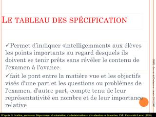 Le tableau des spécification