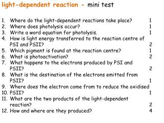 light-dependent reaction - mini test