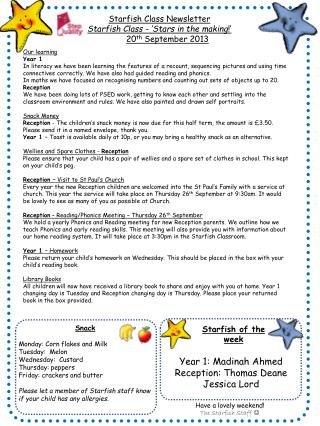Starfish Class Newsletter Starfish Class - ‘Stars in the making !’