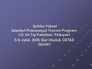 Şahika Yüksel Istanbul-Psikososyal Travma Programı I.Ü, Ist Tıp Fakültesi, Psikiyatri