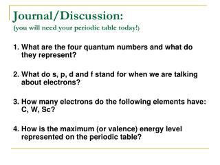 Journal/Discussion: (you will need your periodic table today! )