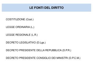 COSTITUZIONE (Cost.) LEGGE ORDINARIA (L.) LEGGE REGIONALE (L.R.) DECRETO LEGISLATIVO (D.Lgs.)