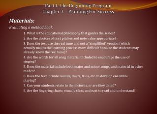 Part I: The Beginning Program Chapter 3 – Planning For Success