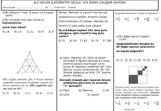 ALİ YALKIN İLKÖĞRETİM OKULU 4/A SINIFI ÇALIŞMA SAYFASI