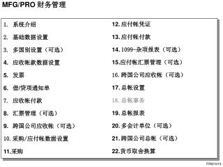 1.	 系统介绍 2.	 基础数据设置 3.	 多国别设置（可选） 4.	 应收帐款数据设置 5.	 发票 6.	 借 / 贷项通知单 7.	 应收帐付款 8.	 汇票管理（可选）