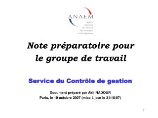 Note préparatoire pour le groupe de travail Service du Contrôle de gestion