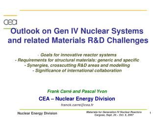 Outlook on Gen IV Nuclear Systems and related Materials R&amp;D Challenges