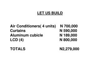 LET US BUILD Air Conditioners( 4 units) N 700,000 Curtains 							N 590,000