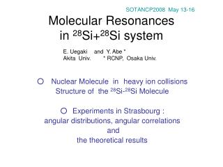 SOTANCP2008 May 13-16 Molecular Resonances in 28 Si+ 28 Si system