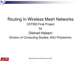 Routing In Wireless Mesh Networks CST593 Final Project by Dilshad Haleem
