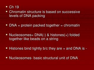 Ch 19 Chromatin structure is based on successive levels of DNA packing DNA + protein packed together = chromatin