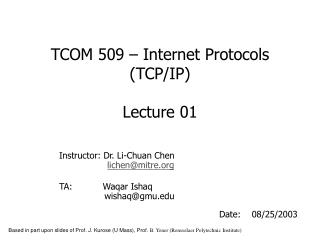 TCOM 509 – Internet Protocols (TCP/IP) Lecture 01