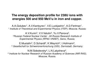 The energy deposition profile for 238U ions with energies 500 and 950 MeV/u in iron and copper.