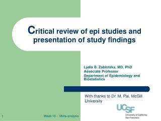 C ritical review of epi studies and presentation of study findings