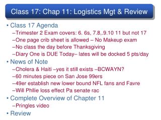 Class 17: Chap 11: Logistics Mgt &amp; Review