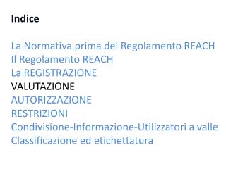 Indice La Normativa prima del Regolamento REACH Il Regolamento REACH La REGISTRAZIONE