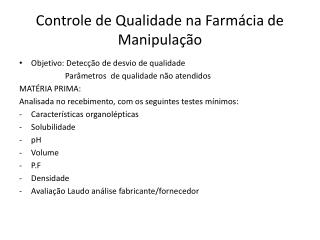 Controle de Qualidade na Farmácia de Manipulação