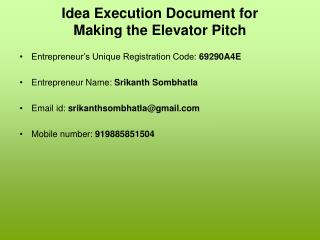 Idea Execution Document for Making the Elevator Pitch