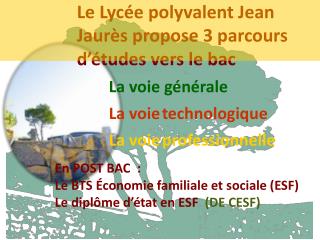 Le Lycée polyvalent Jean Jaurès propose 3 parcours d’études vers le bac 	La voie générale