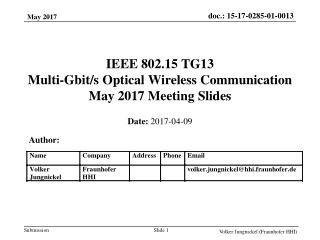 IEEE 802.15 TG13 Multi-Gbit/s Optical Wireless Communication May 2017 Meeting Slides