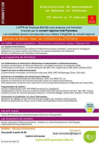 Electronicien de maintenance en Réseaux et Telecoms 650 Heures ou 18 semaines