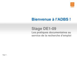 Bienvenue à l’ADBS ! Stage DE1-09 Les pratiques documentaires au service de la recherche d’emploi