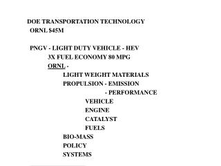 DOE TRANSPORTATION TECHNOLOGY ORNL $45M PNGV - LIGHT DUTY VEHICLE - HEV 	3X FUEL ECONOMY 80 MPG