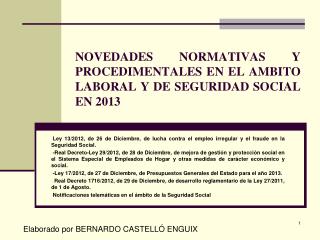 NOVEDADES NORMATIVAS Y PROCEDIMENTALES EN EL AMBITO LABORAL Y DE SEGURIDAD SOCIAL EN 2013