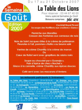 Pour réserver : 03 44 67 40 00 Menu spécial Semaine du Goût 