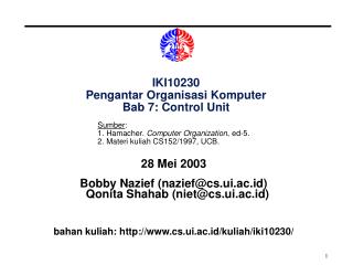 IKI10230 Pengantar Organisasi Komputer Bab 7: Control Unit
