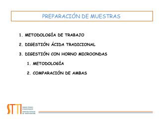 METODOLOGÍA DE TRABAJO DIGESTIÓN ÁCIDA TRADICIONAL DIGESTIÓN CON HORNO MICROONDAS METODOLOGÍA
