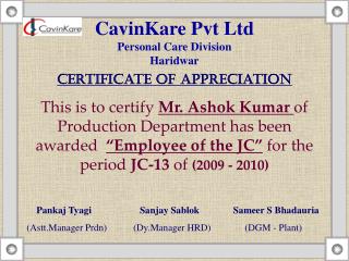 CavinKare Pvt Ltd Personal Care Division Haridwar Certificate of Appreciation