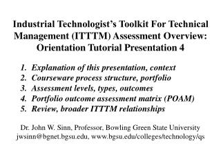 Industrial Technologist’s Toolkit For Technical Management (ITTTM) Assessment Overview: