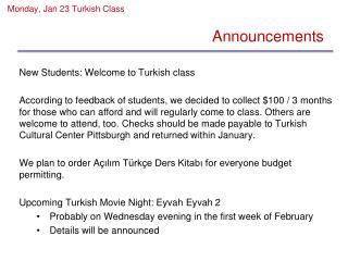 Monday, Jan 23 Turkish Class