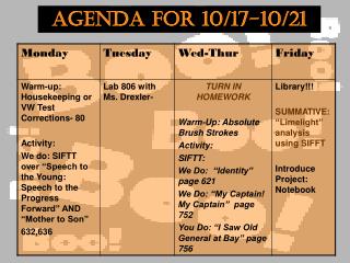 Agenda for 10/17-10/21