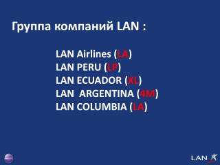 Группа компаний LAN : LAN Airlines ( LA ) 	 	LAN PERU ( LP ) 	 	LAN ECUADOR ( XL )