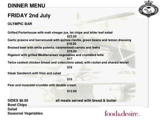 DINNER MENU FRIDAY 2nd July