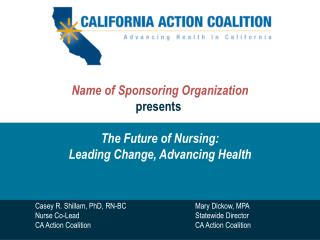 Name of Sponsoring Organization presents  The Future of Nursing: Leading Change, Advancing Health