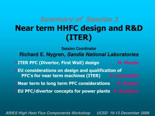 Summary of Session 1 Near term HHFC design and R&amp;D (ITER) Session Coordinator