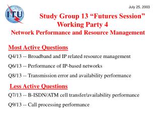 Study Group 13 “Futures Session” Working Party 4 Network Performance and Resource Management