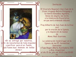 Invitación El Vicariato Regional «San Juan de la Cruz» Uruguay-Bolivia-Paraguay y