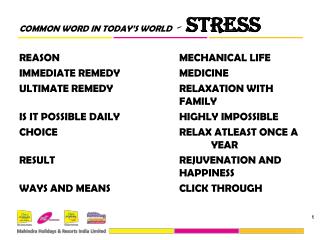 COMMON WORD IN TODAY’S WORLD - STRESS REASON				MECHANICAL LIFE
