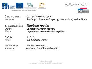 Výukový materiál zpracovaný v rámci projektu „EU peníze školám“