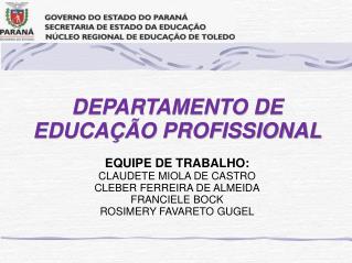 DEPARTAMENTO DE EDUCAÇÃO PROFISSIONAL EQUIPE DE TRABALHO: CLAUDETE MIOLA DE CASTRO
