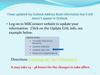 I have updated my Outlook Address Book information but it still doesn’t appear in Outlook.