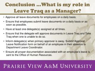 Conclusion …What is my role in Leave Traq as a Manager?