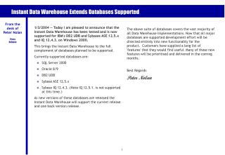 Instant Data Warehouse Extends Databases Supported