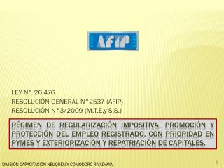 LEY N° 26.476 RESOLUCIÓN GENERAL N°2537 (AFIP) RESOLUCIÓN N°3/2009 ( M.T.E.y S.S.)