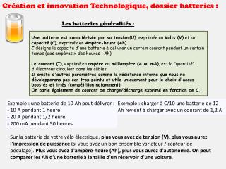 Création et innovation Technologique, dossier batteries :