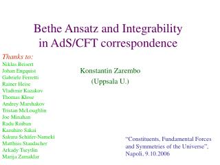 Bethe Ansatz and Integrability in AdS/CFT correspondence